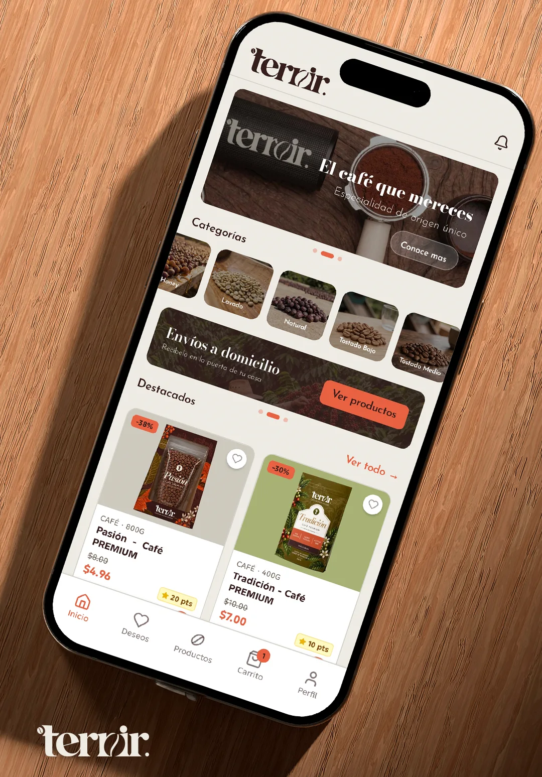 App Terroir en un teléfono